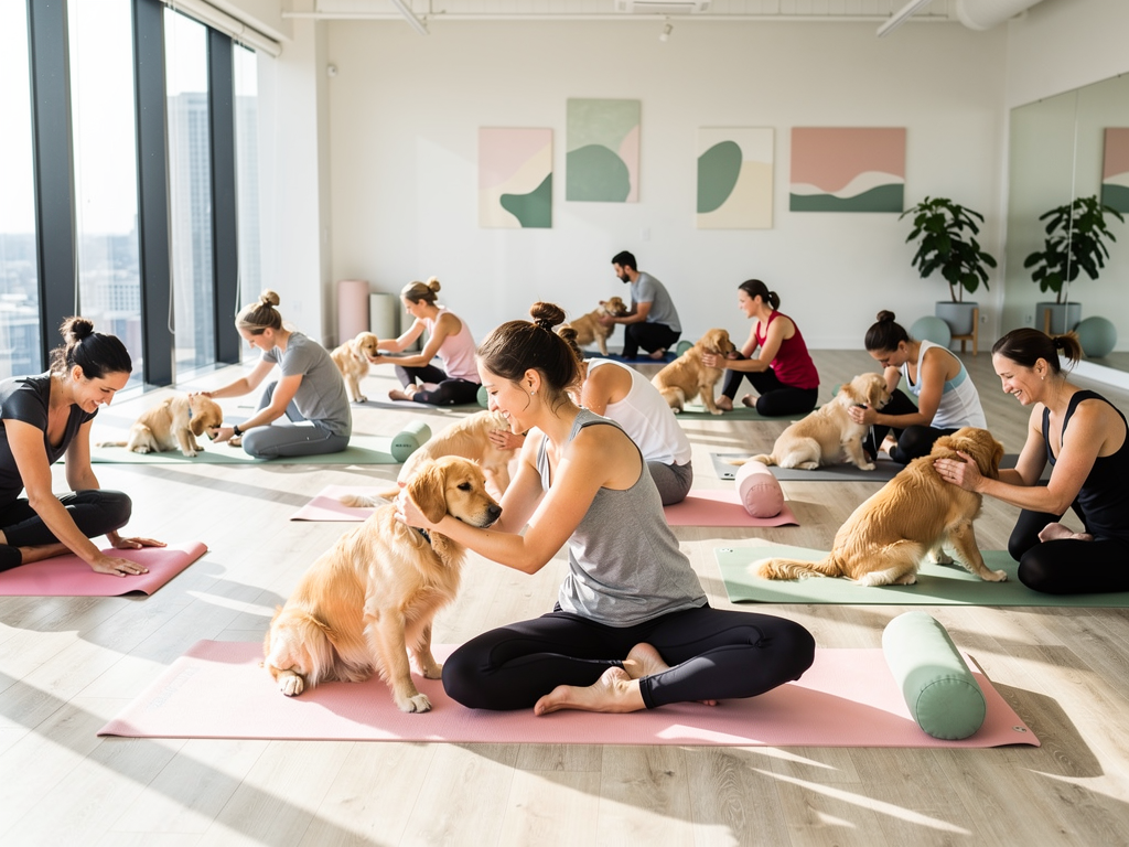 Séance de puppynyoga dans un studio lumineux avec chiots golden retriever