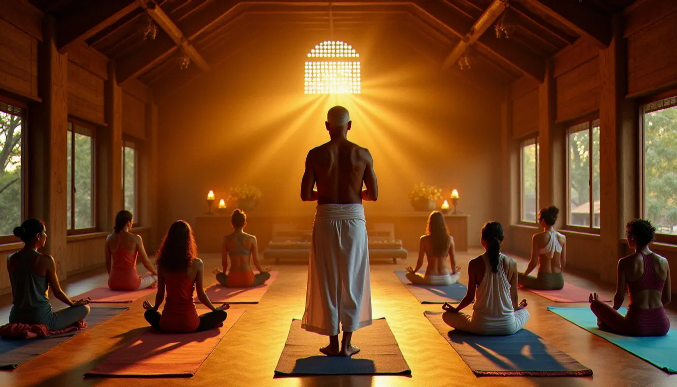 Groupe de pratiquants d'ashtanga yoga yoga effectuant des salutations au soleil synchronisées dans un shala traditionnel indien baigné de lumière matinale à Mysore
