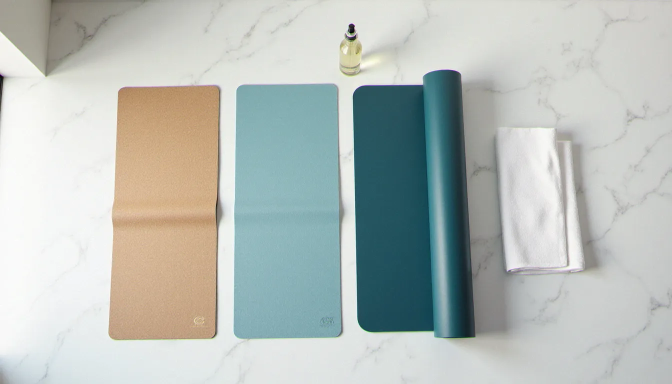 Vue de dessus de trois modèles de gaiam yoga mat différents côte à côte, accompagnés d'un spray nettoyant et d'une serviette blanche pliée pour illustrer l'entretien quotidien