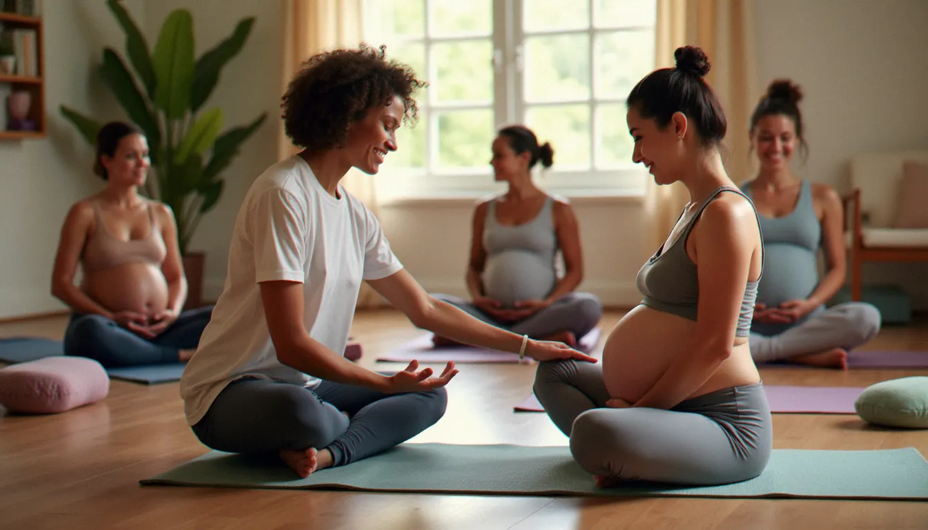 Professeure de yoga aux cheveux bouclés guidant une femme enceinte dans une posture d'étirement latéral lors d'un cours prénatal en petit groupe dans un studio chaleureux
