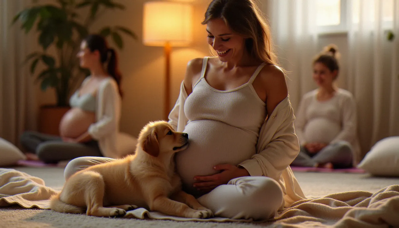 Femme enceinte riant aux éclats pendant qu'un chiot golden retriever vient se blottir contre elle lors d'une séance de yoga prénatal avec animaux dans un studio cosy et lumineux