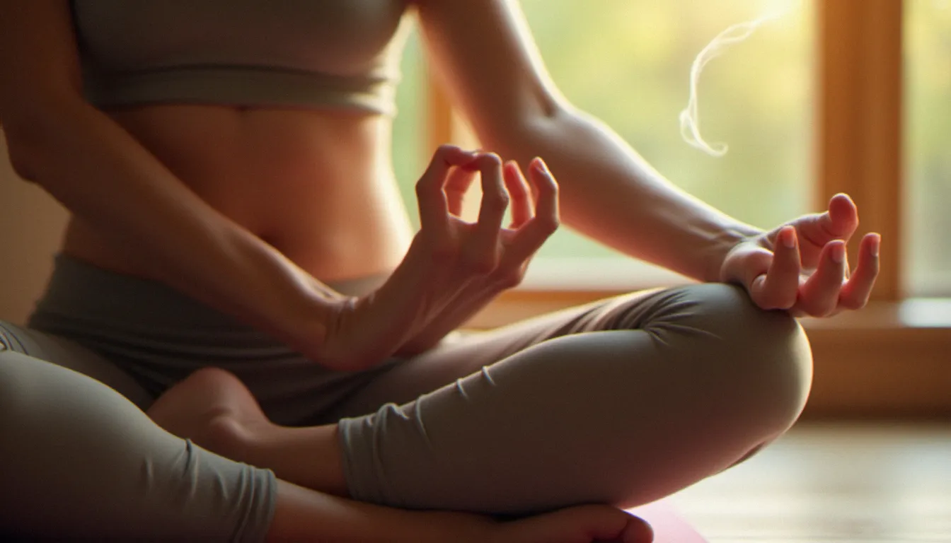 Gros plan de mains en chin mudra lors d'une pratique de tantric yoga, encens allumé et tapis de yoga en arrière-plan