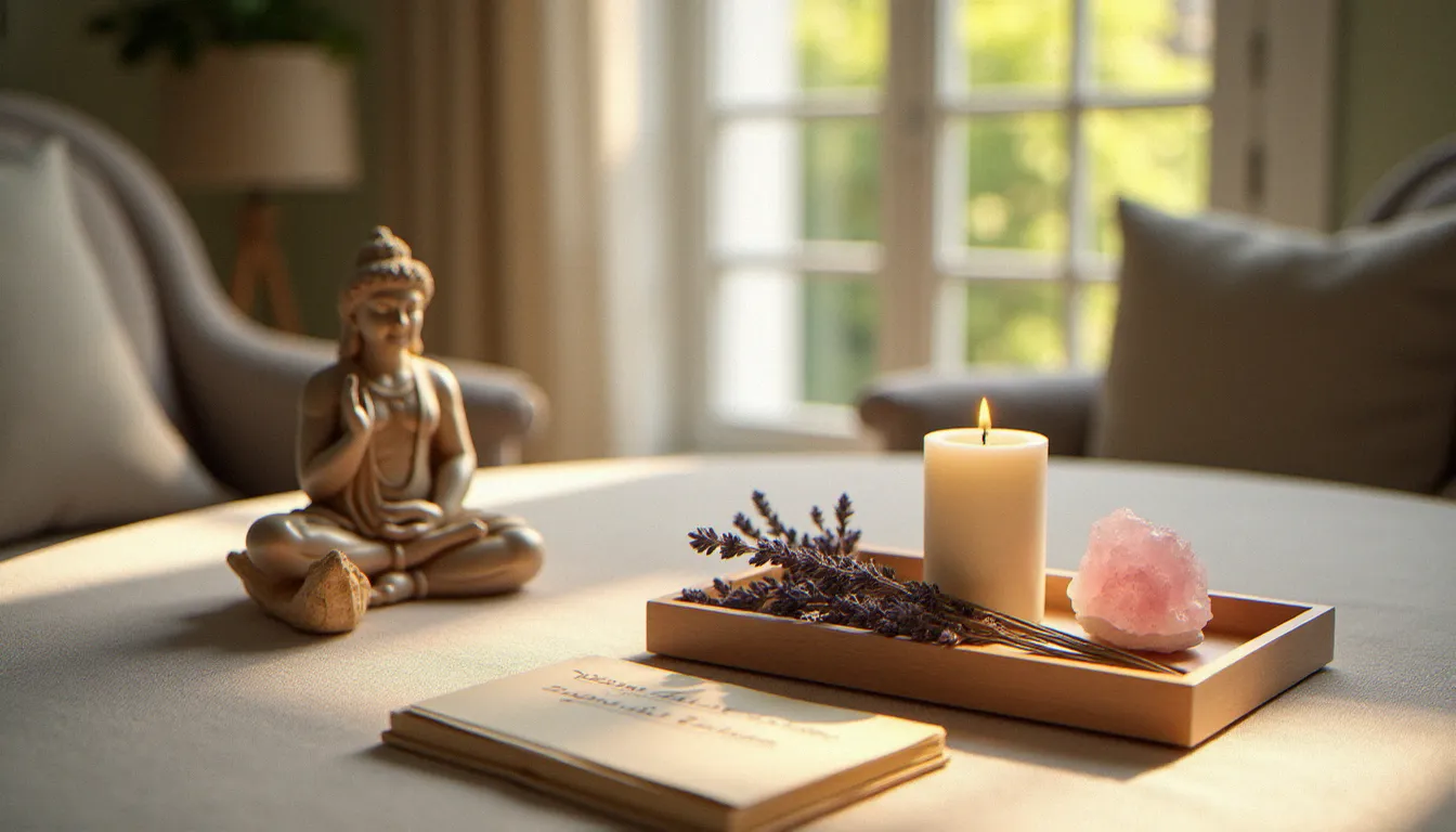 Autel de méditation tantrique minimaliste avec bougie, cristal et statue de Shiva dans un salon baigné de lumière naturelle