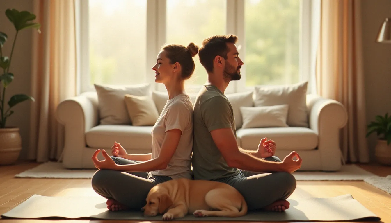 Un homme et une femme en Double Child's Pose dos à dos avec un chiot golden retriever endormi entre eux, illustrant les yoga poses for two people avec animal de compagnie.