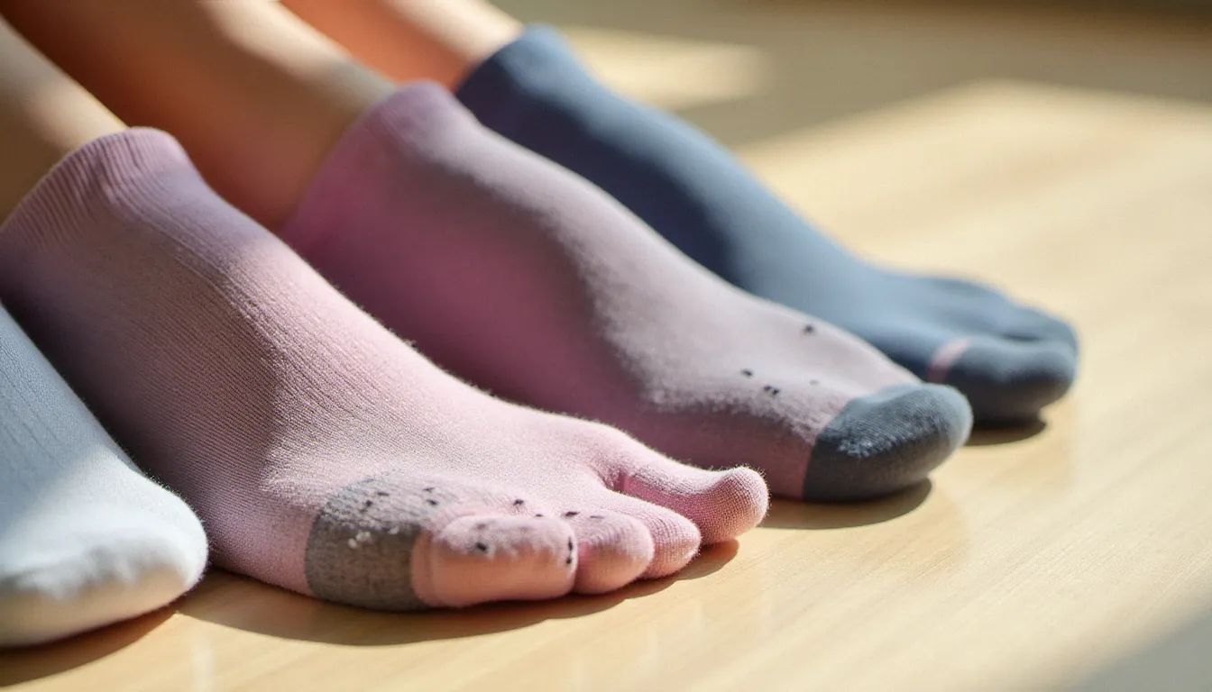 Gros plan de plusieurs paires de yoga socks aux designs variés avec grip silicone visible sur la semelle, disposées sur du bois clair