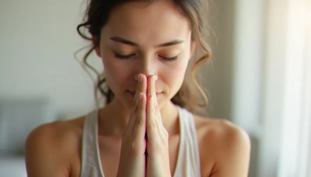 yoga des yeux pourquoi featured Femme pratiquant le yoga des yeux en position de palming, les paumes couvrant les yeux fermés dans une lumière naturelle apaisante