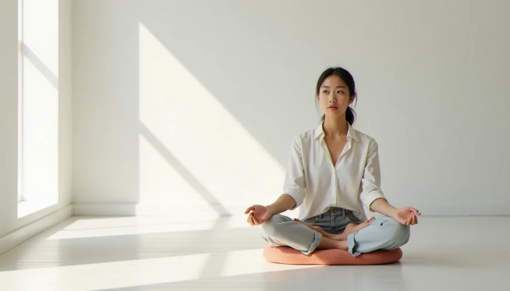 Femme en méditation assise regardant devant elle d'un air interrogatif, illustrant la réflexion critique sur le sahaja yoga et ses dangers potentiels