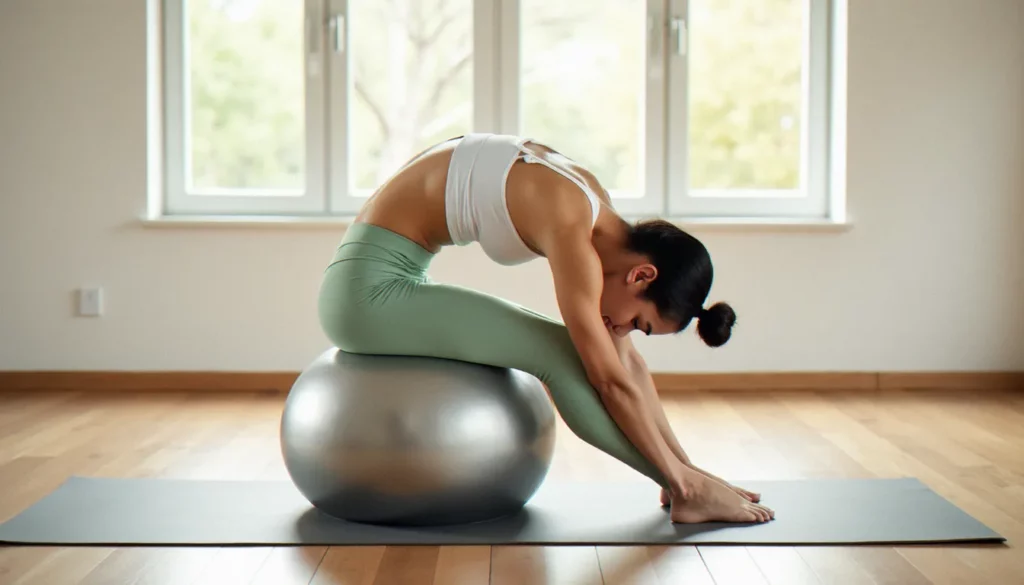 Femme pratiquant le yoga avec ballon en posture d'ouverture thoracique dans un studio lumineux en bois clair