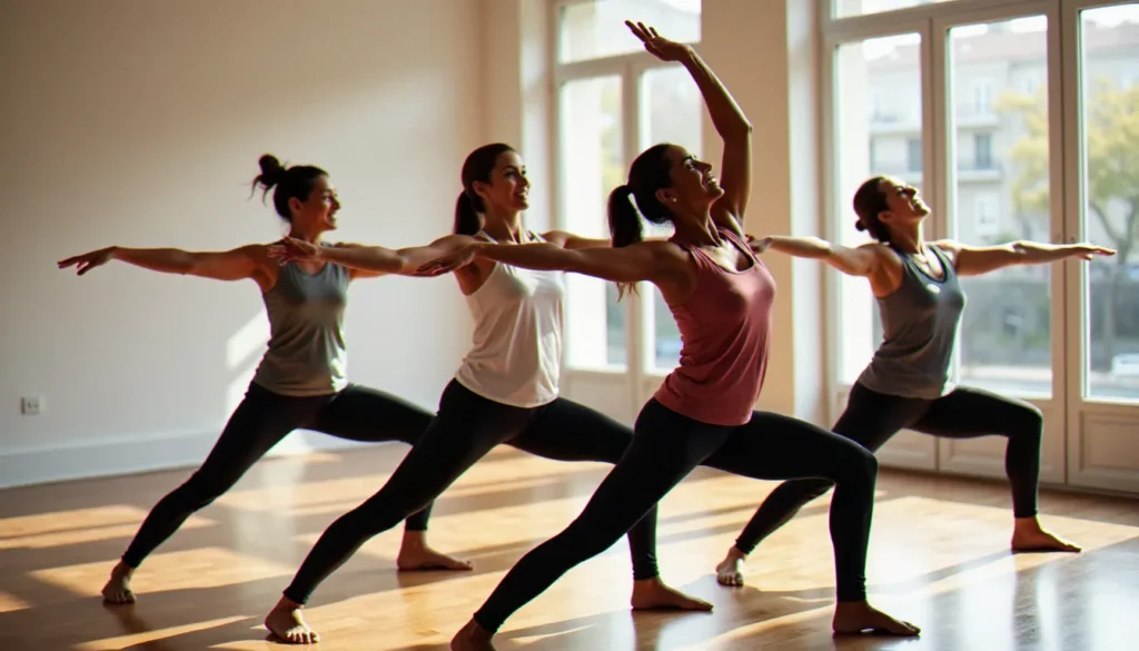 Groupe de pratiquants de yoga dans un studio français moderne baigné de lumière naturelle, illustrant la culture du yoga en France