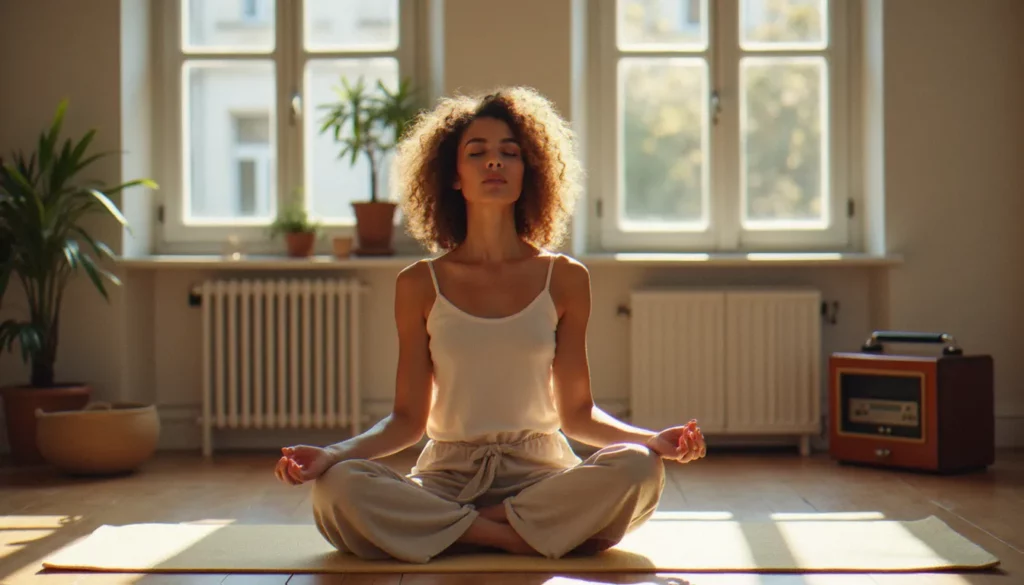 Une femme pratique le yoga en méditation assise dans un appartement lumineux avec une radio vintage posée à côté d'elle, illustrant le lien entre yoga et France Inter