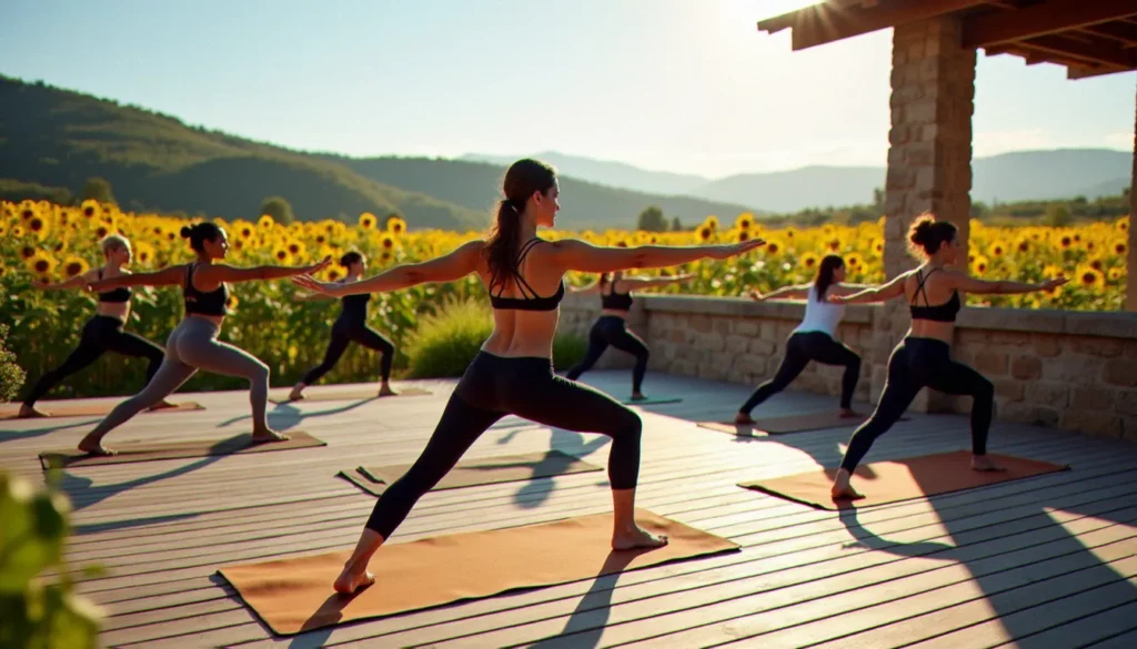 Groupe de participants pratiquant un yoga france retreat en plein air dans la campagne française au lever du soleil