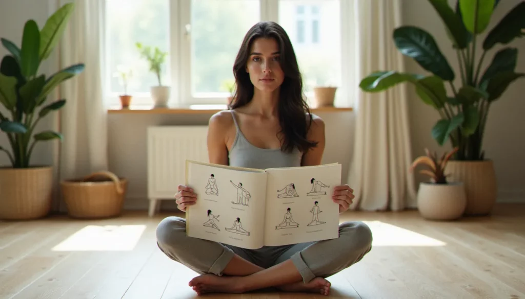 Une femme feuillette un yoga guide book ouvert sur une posture illustrée, assise en tailleur dans un studio lumineux
