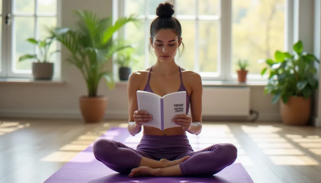 Femme pratiquant le yoga avec un yoga guide PDF imprimé posé sur son tapis violet dans un salon lumineux
