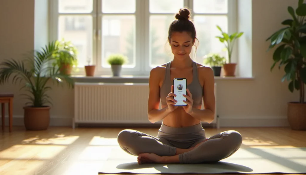 Femme pratiquant le yoga en regardant une appli de yoga sur son téléphone dans un appartement lumineux — comparatif yoga meilleure appli