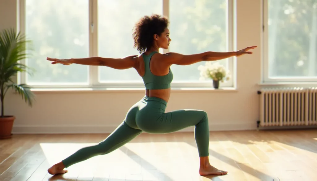 Une femme pratiquant les meilleures postures de yoga, en position du Guerrier 1, dans un studio lumineux avec parquet en bois