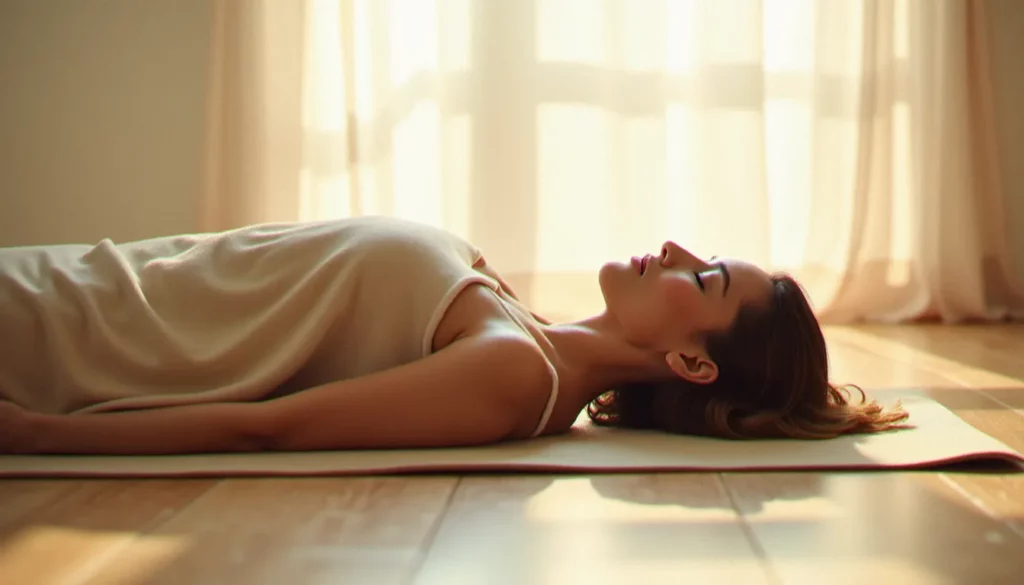 yoga nidra danger featured Femme allongée en savasana pratiquant le yoga nidra dans une pièce lumineuse et apaisante — illustration des précautions liées au yoga nidra danger