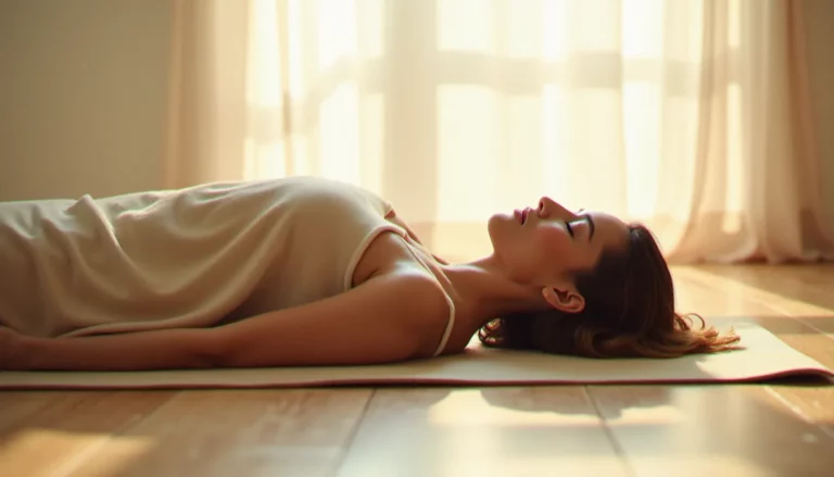 Femme allongée en savasana pratiquant le yoga nidra dans une pièce lumineuse et apaisante — illustration des précautions liées au yoga nidra danger