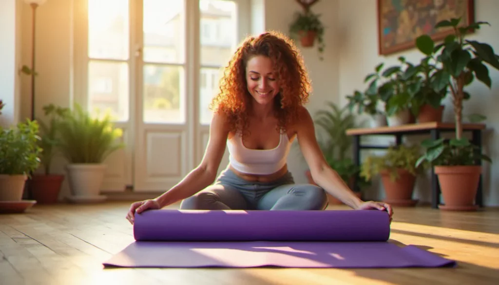 Jeune femme déroulant un tapis de yoga violet dans un appartement lumineux à Bordeaux, illustrant la pratique du yoga pourquoi pas au quotidien