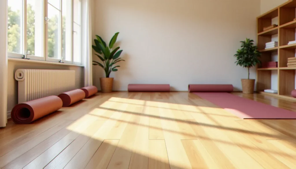 Yoga room à Lyon avec parquet en bois, tapis colorés et grande fenêtre lumineuse dans un studio bien aménagé