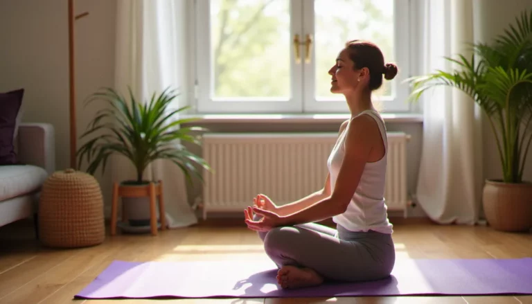 Femme pratiquant le yoga sans dégât en position assise méditative sur un tapis violet, dans un appartement lumineux au sol en bois