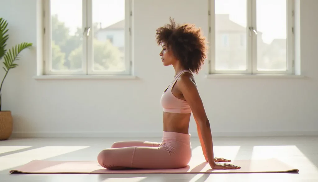 Femme pratiquant le yoga sans dégâts en flexion avant assise avec un alignement parfait, dans un studio lumineux aux murs blancs