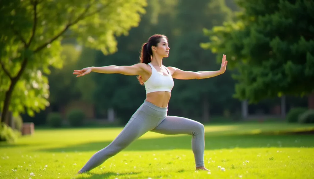 Femme pratiquant le yoga sans tapis sur l'herbe dans un jardin ensoleillé, en posture du guerrier II pieds nus