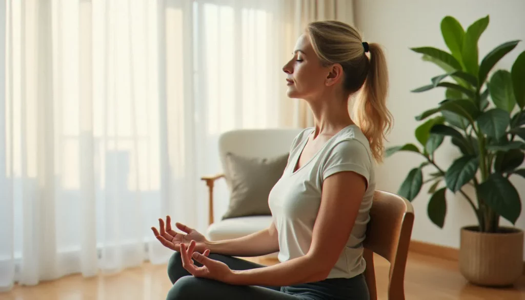 Femme pratiquant le yoga sur chaise en torsion assise dans un salon lumineux