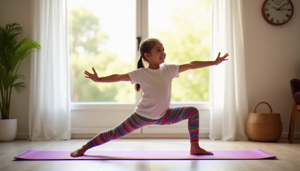 Petite fille de 5 ans en posture du guerrier sur un tapis de yoga violet, pratique du yoga enfant dans un salon lumineux