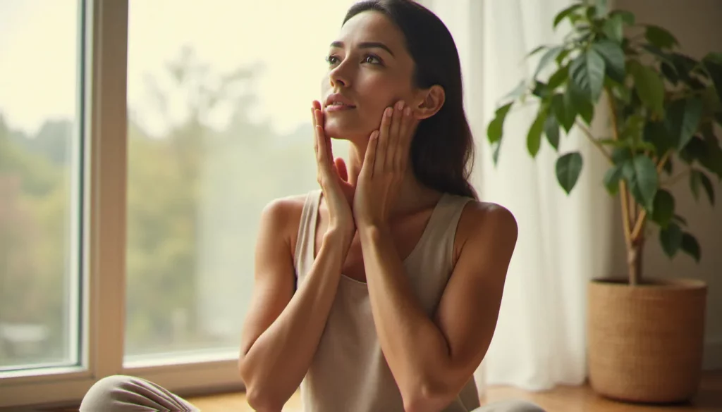 Femme pratiquant le yoga facial efficace le matin, assise en tailleur près d'une fenêtre lumineuse, les mains posées doucement sur le visage
