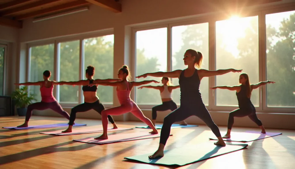 Cours de yoga France dans un studio lumineux avec des participants de tous âges pratiquant le yoga ensemble, lumière naturelle du matin
