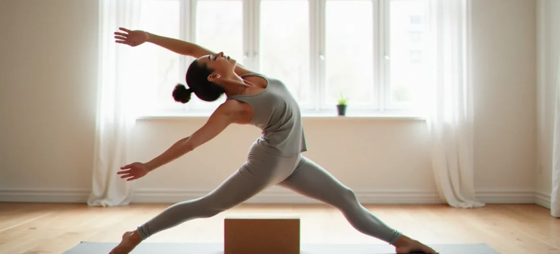Femme en posture du triangle avec une brique de yoga en liège sous la main, illustration de pourquoi faire avec une brique de yoga