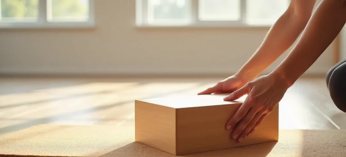 Brique de yoga en liège posée sur un tapis dans un studio lumineux — accessoire essentiel pour comprendre pourquoi utiliser une brique de yoga