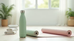 Une gourde yoga en inox vert sauge posée près d'un tapis de yoga pastel dans un studio lumineux