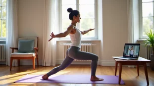 Femme pratiquant le yoga sur tapis violet dans un appartement lumineux avec un ordinateur portable diffusant une séance de meilleur yoga YouTube français