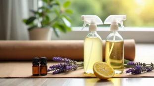 Recette nettoyant tapis yoga maison avec spray en verre, huiles essentielles et tapis en liège sur parquet clair