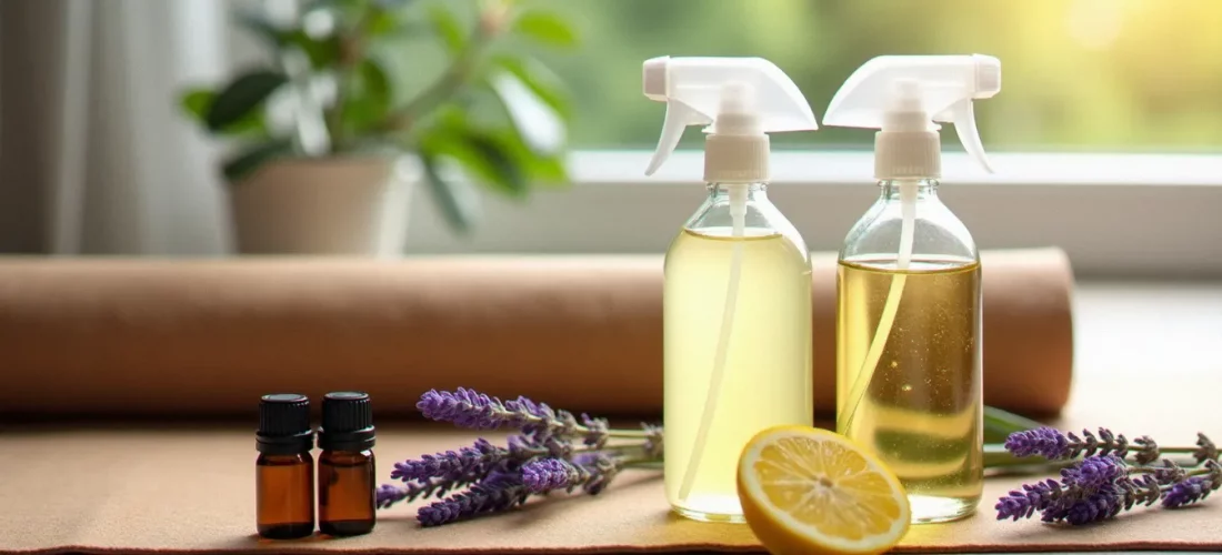 Recette nettoyant tapis yoga maison avec spray en verre, huiles essentielles et tapis en liège sur parquet clair