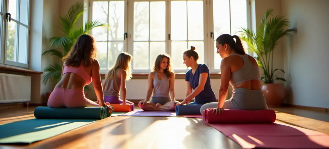 Groupe de personnes cherchant un cours de yoga autour d'eux dans un studio lumineux avec parquet et grandes fenêtres