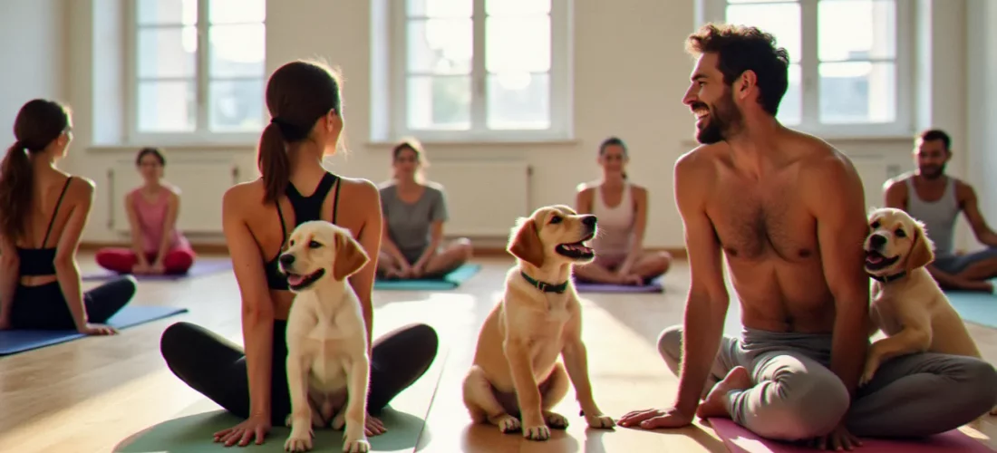Séance de yoga avec des chiots à Lyon dans un studio lumineux, participants souriants en postures douces entourés de chiots labrador et golden retriever qui se promènent librement sur les tapis.