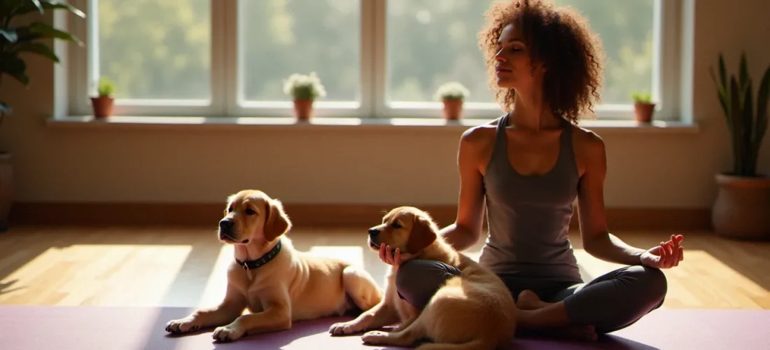 Une femme pratiquant le yoga en méditation assise avec deux chiots golden retriever près d'elle dans un studio lumineux — illustration du yoga avis et expériences de pratiquants