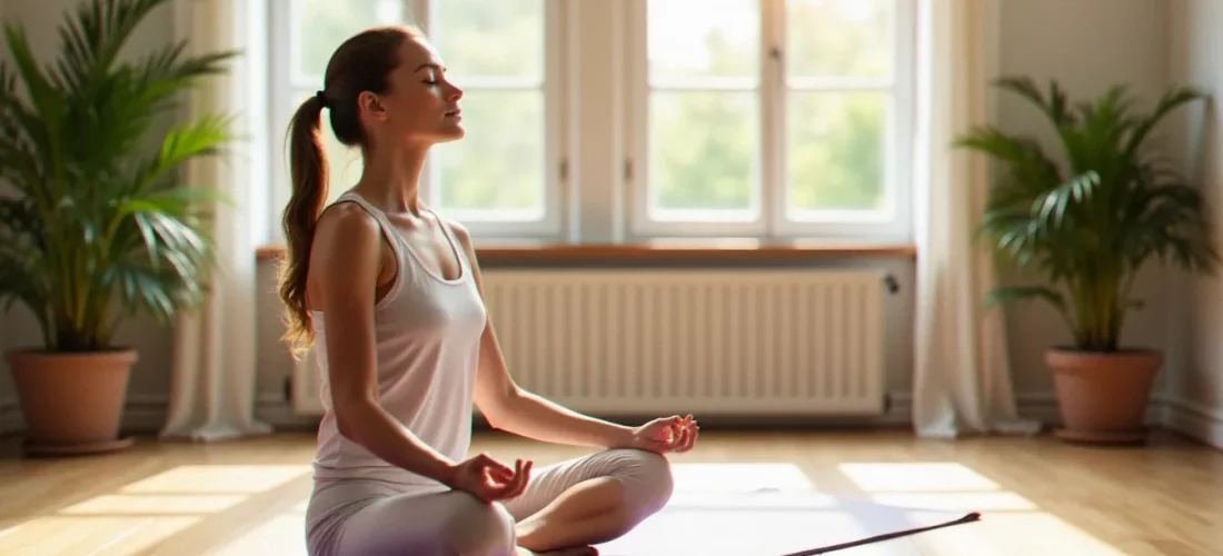 Femme pratiquant le yoga en position de méditation sur un tapis violet dans un studio ensoleillé — yoga comment ça va, bien-être et sérénité