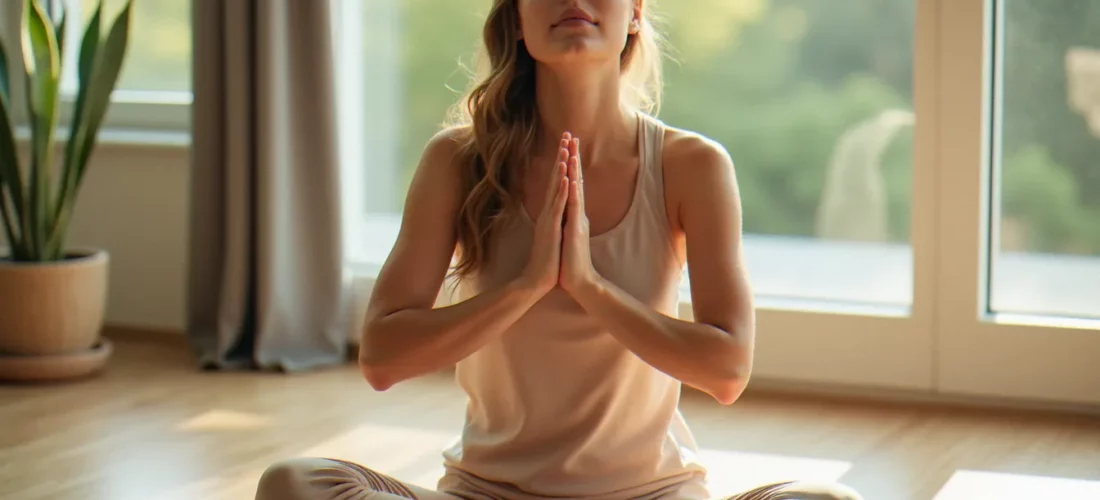 Femme pratiquant le yoga des yeux efficace avec l'exercice du palming, paumes chaudes posées en coupelle sur les yeux fermés, assise en tailleur sur un tapis de yoga