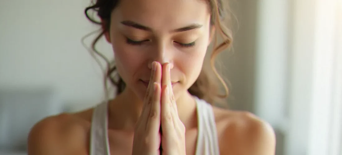 Femme pratiquant le yoga des yeux en position de palming, les paumes couvrant les yeux fermés dans une lumière naturelle apaisante