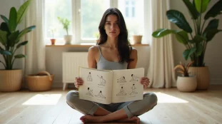 Une femme feuillette un yoga guide book ouvert sur une posture illustrée, assise en tailleur dans un studio lumineux
