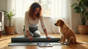 Femme déroulant un tapis de yoga avec un chiot golden retriever à côté et une tablette affichant un yoga guide book pdf posée sur le sol