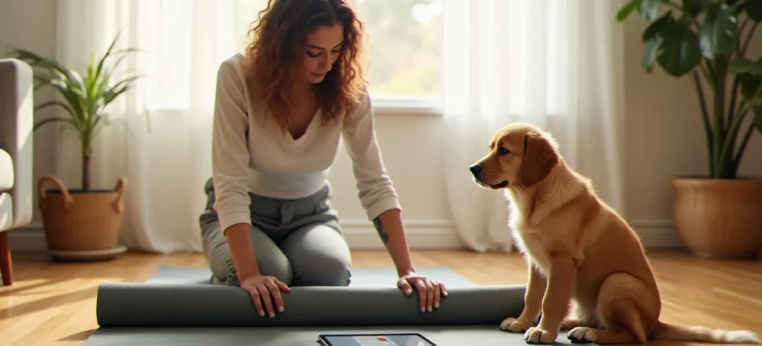 Femme déroulant un tapis de yoga avec un chiot golden retriever à côté et une tablette affichant un yoga guide book pdf posée sur le sol