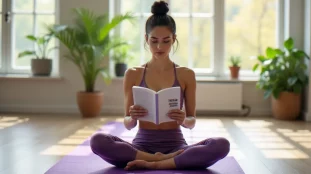 Femme pratiquant le yoga avec un yoga guide PDF imprimé posé sur son tapis violet dans un salon lumineux