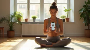 Femme pratiquant le yoga en regardant une appli de yoga sur son téléphone dans un appartement lumineux — comparatif yoga meilleure appli