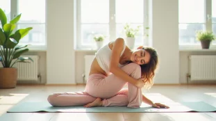 Une jeune femme pratique le yoga puppy pose sur un tapis dans un studio lumineux, hanches en l'air et bras tendus vers l'avant