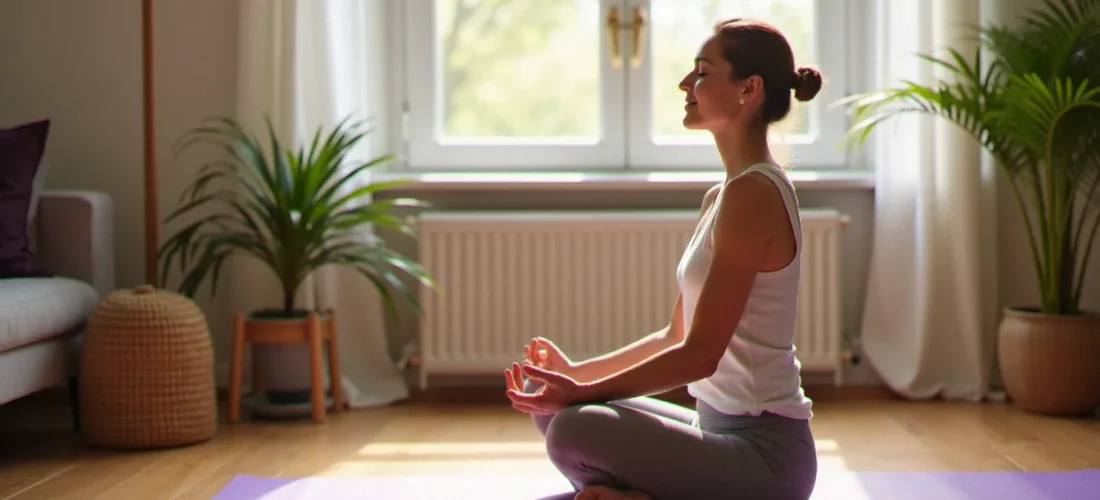 Femme pratiquant le yoga sans dégât en position assise méditative sur un tapis violet, dans un appartement lumineux au sol en bois