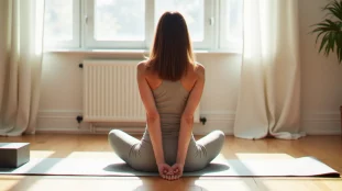 Femme pratiquant le yoga sans les pieds en position de flexion avant assise sur un tapis dans un studio lumineux